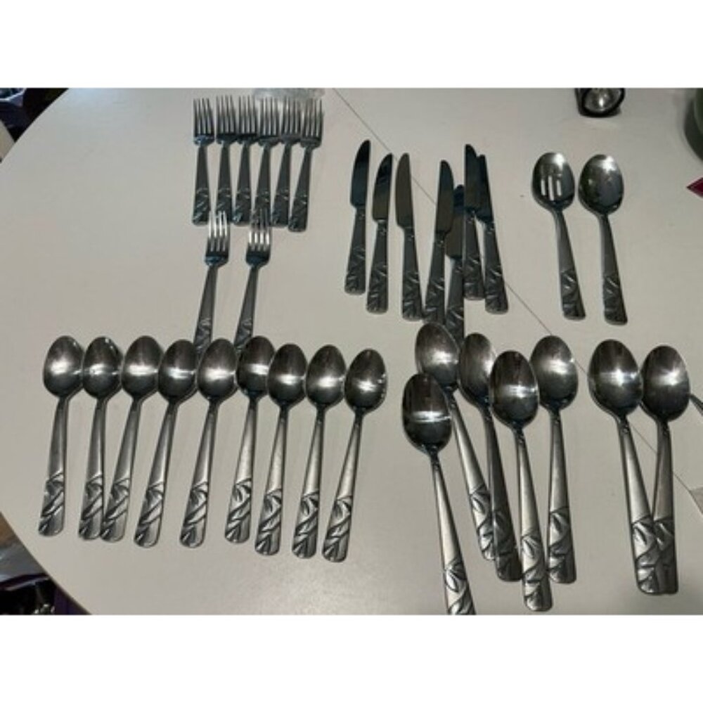 33 Pcs Cambridge Zinnia Sand Dinner Forks Spoons Knives Stainless Steel Flatware